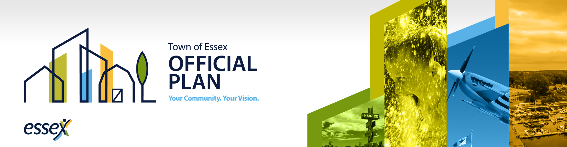 Your Community. Your vision. Photo of Colchester Harbour, Essex Spitfire plan, The Old Mill, and McGregor Sign.