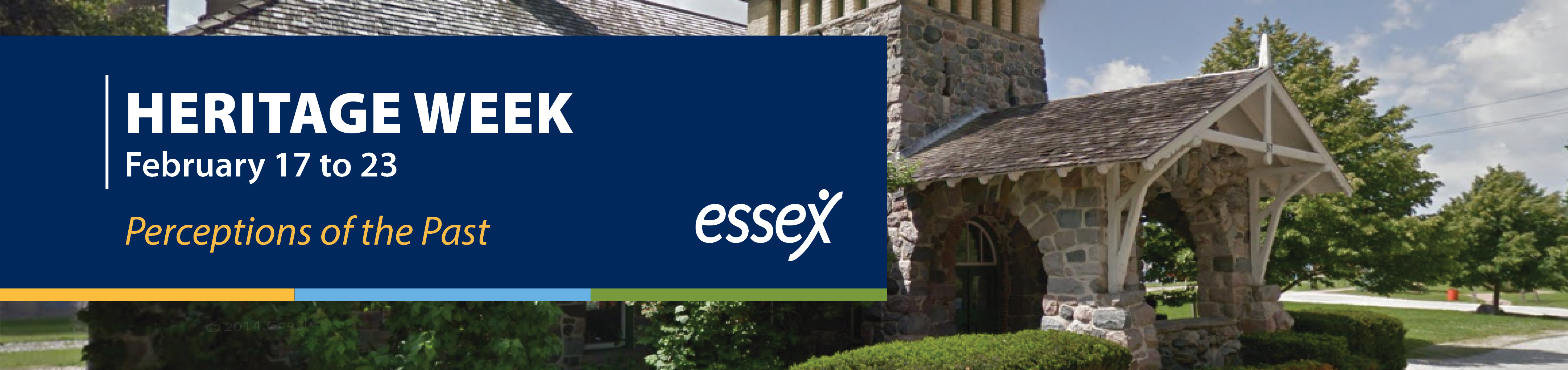 Heritage Week. February 20 to 24. Essex Centre: 150 Years. Essex Logo. Historic photo of Essex Train Station with people standing out front.