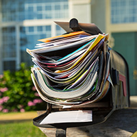 A roadside mailbox overflowing with mail.