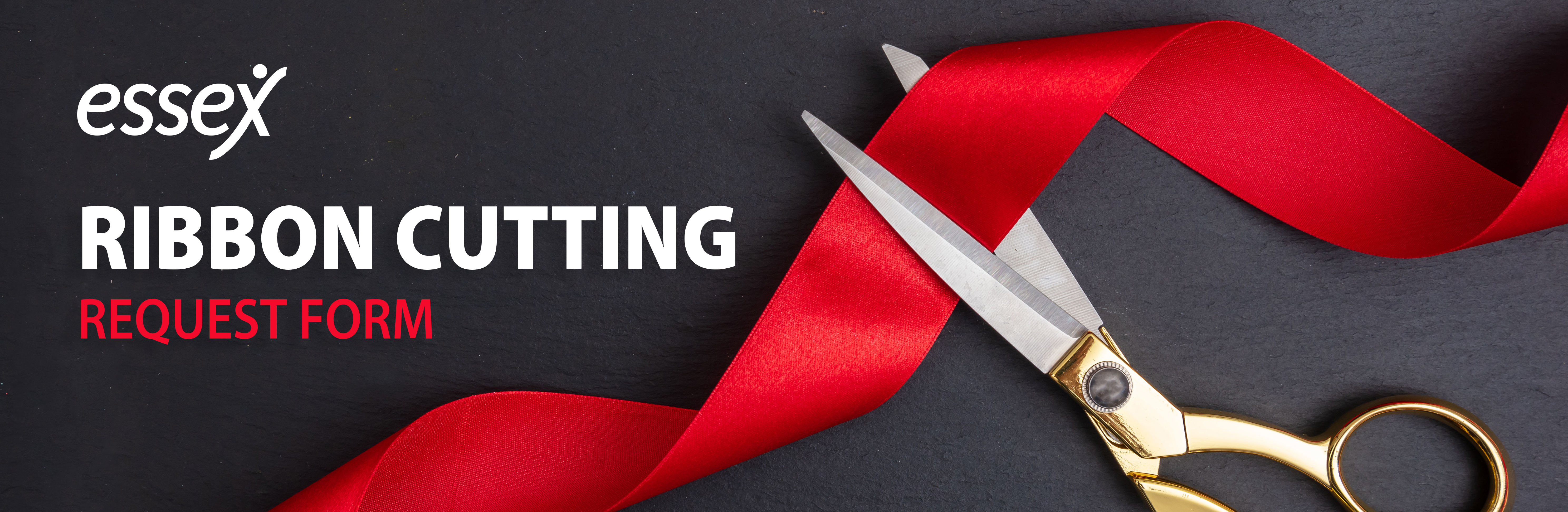 Ribbon Cutting Request Form. Scissors cutting red ribbon.