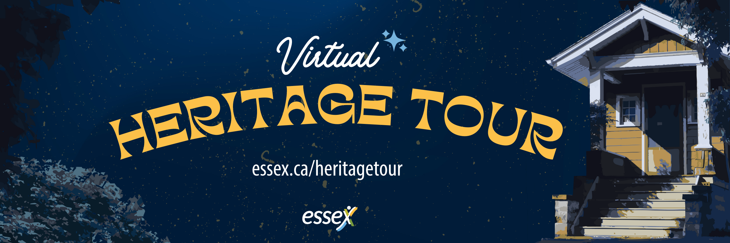 "Virtual Heritage Tour" news header containing graphic of a house, trees, and bushes