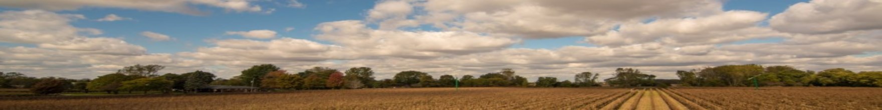 Landscape photo of farm field with blue sky.